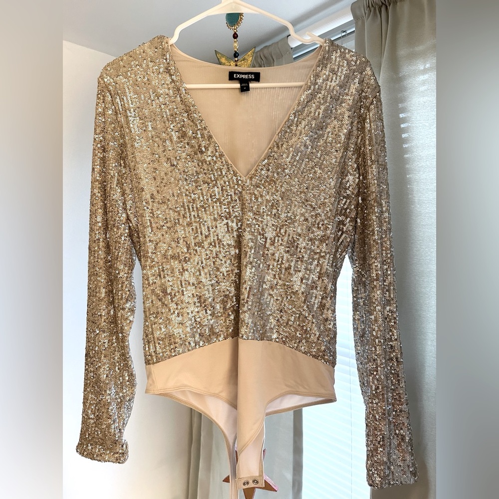 Express Sequin Deep Vneck Thong Bodysuit